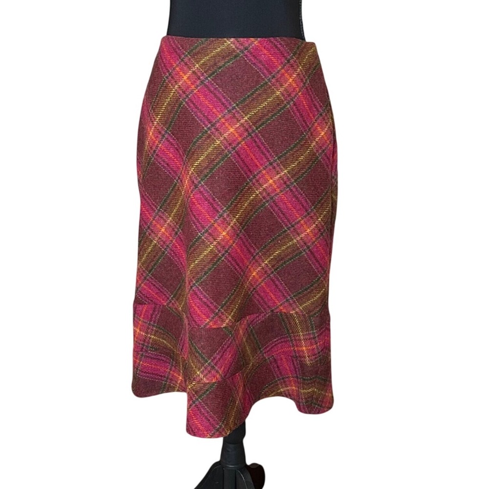 Preppy Pink Burgundy Plaid 100% Wool Midi Skirt Size 10L A-Line Flared Hem Boden